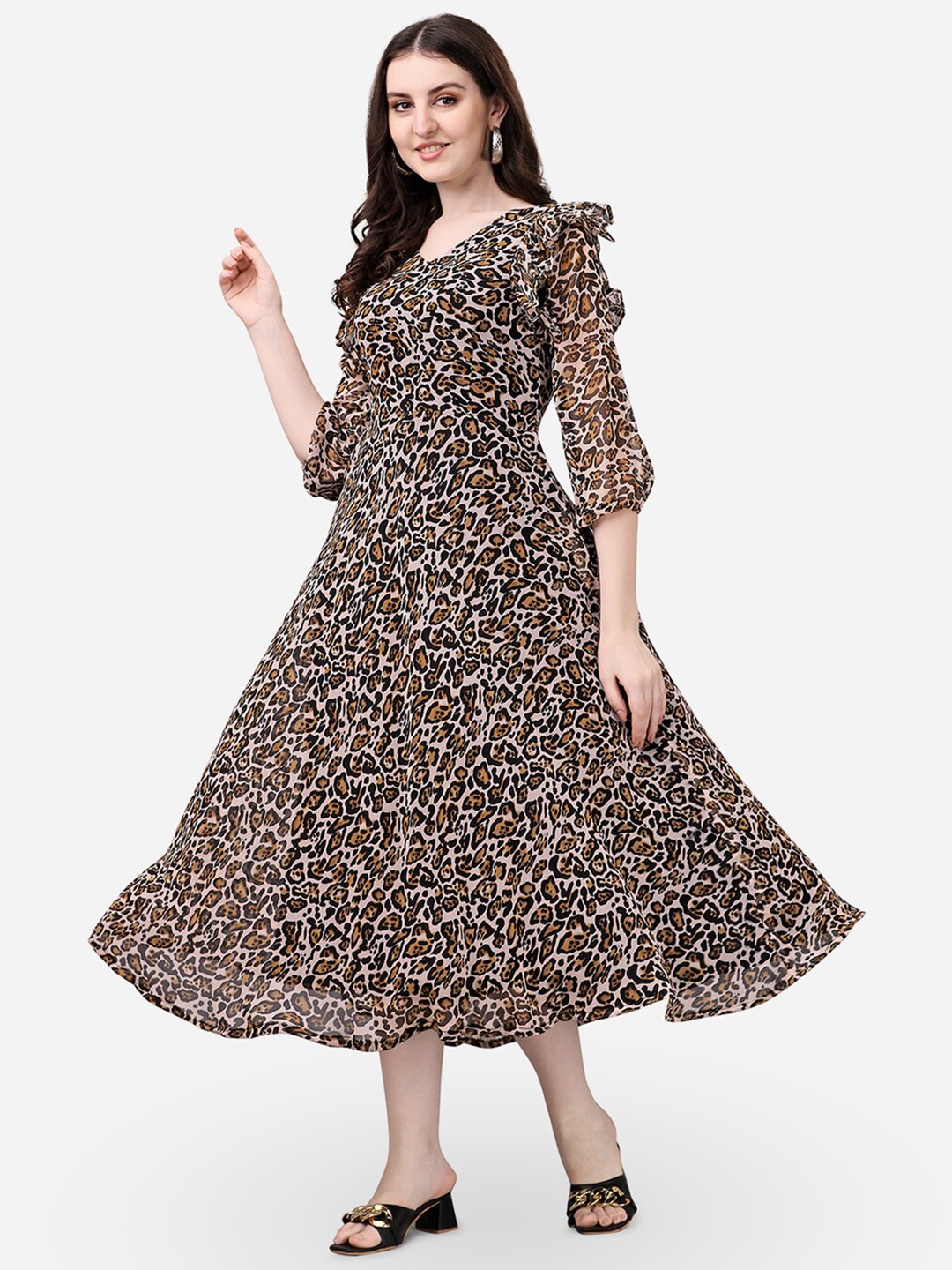 

Fashion2wear Animal Printed Ruffles Detail Georgette Fit & Flare Midi Dress, Brown