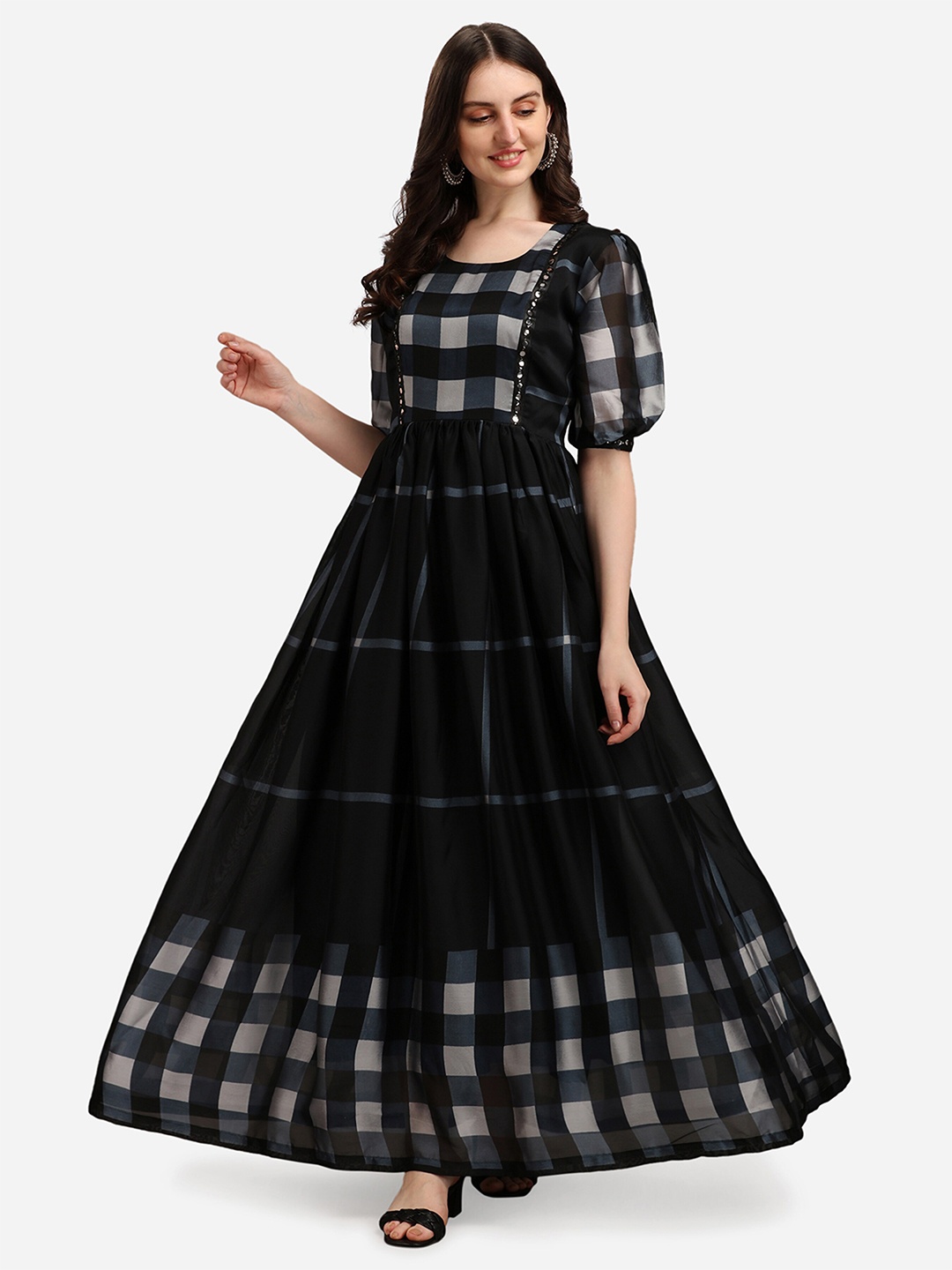 

Fashion2wear Checked Puff Sleeves Maxi Dress, Black
