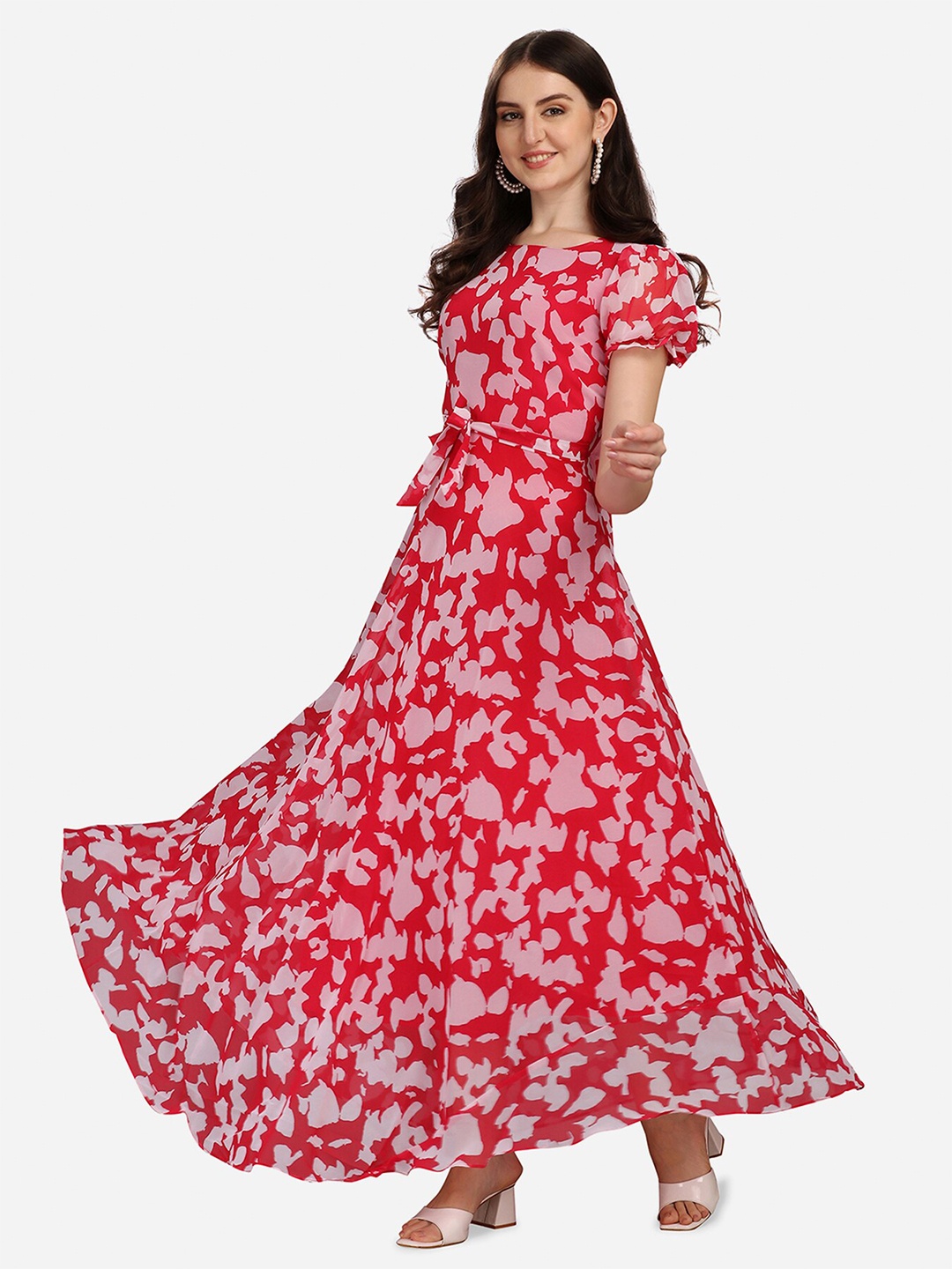 

Fashion2wear Abstract Printed Puff Sleeves Maxi Dress, Red