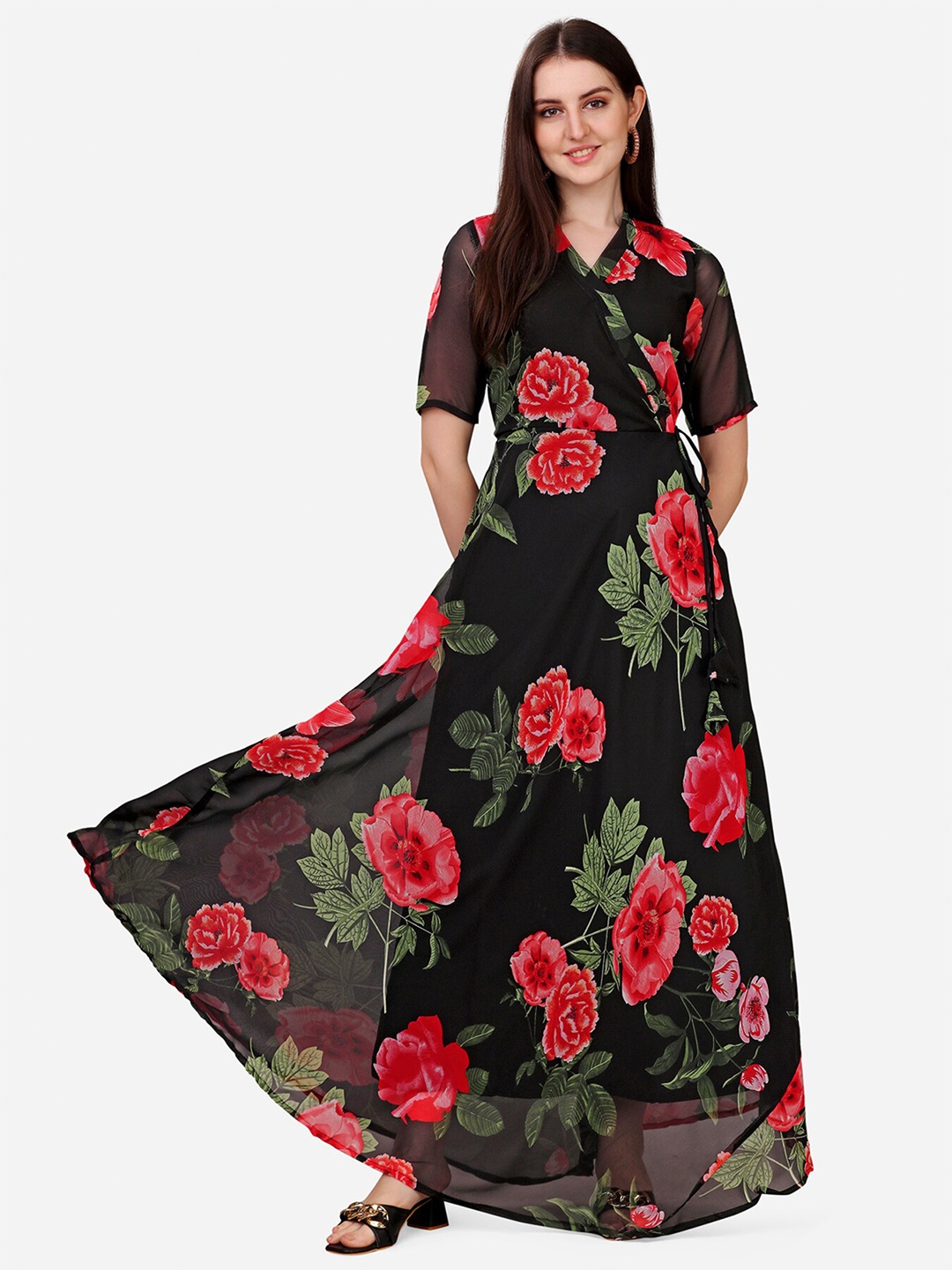 

Fashion2wear Floral Printed Georgette Wrap Maxi Dress, Black