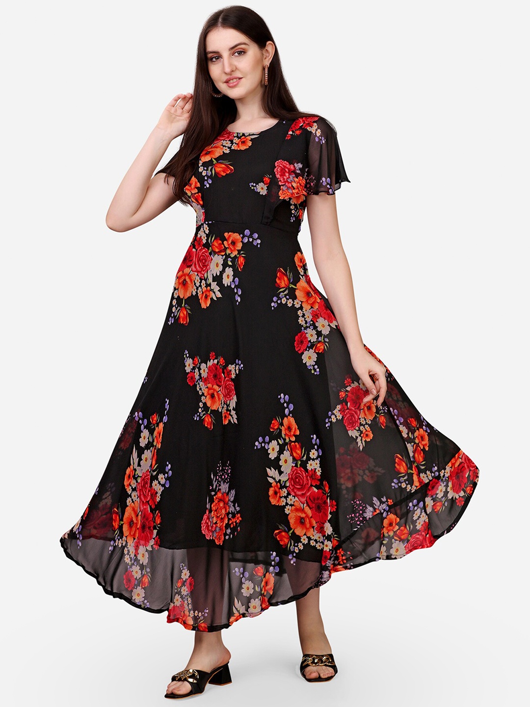 

Fashion2wear Floral Printed Georgette Fit & Flare Maxi Dress, Black