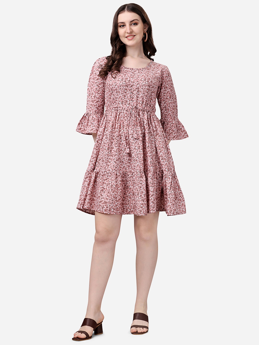 

Fashion2wear Floral Printed Bell Sleeves Cotton Fit & Flare Dress, Pink