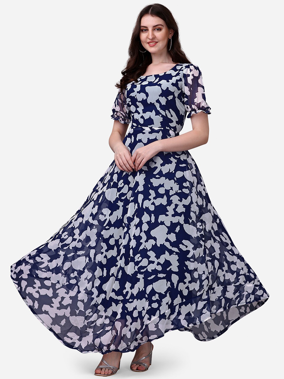 

Fashion2wear Abstract Printed Puff Sleeves Georgette Maxi Dress, Blue
