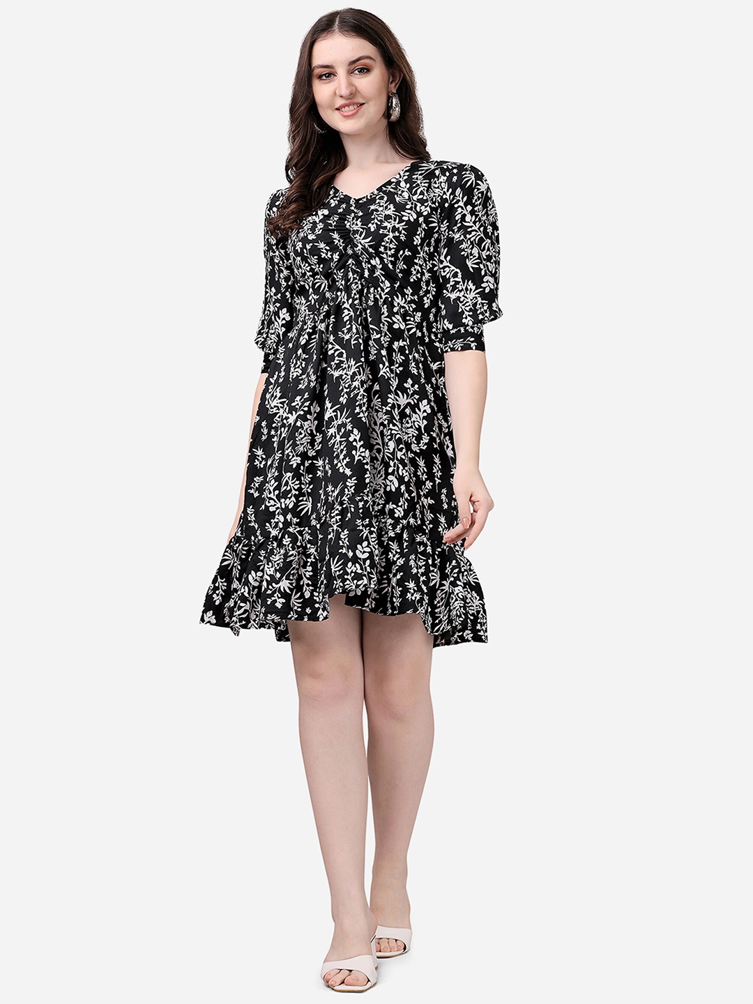 

Fashion2wear Floral Printed Puff Sleeves Fit & Flare Cotton Dress, Black