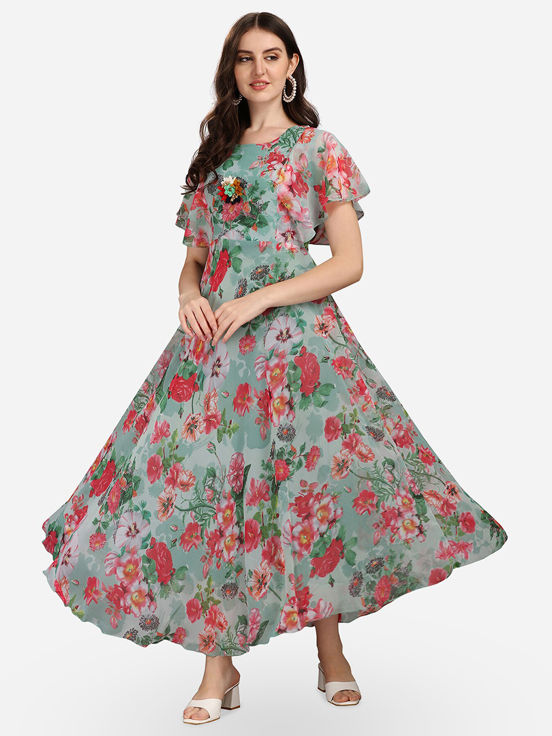 

Fashion2wear Floral Printed Flared Sleeves Georgette Fit & Flare Maxi Dress, Green