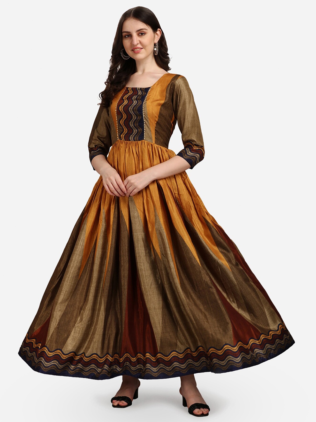 

Fashion2wear Striped Square Neck Georgette Maxi Dress, Mustard