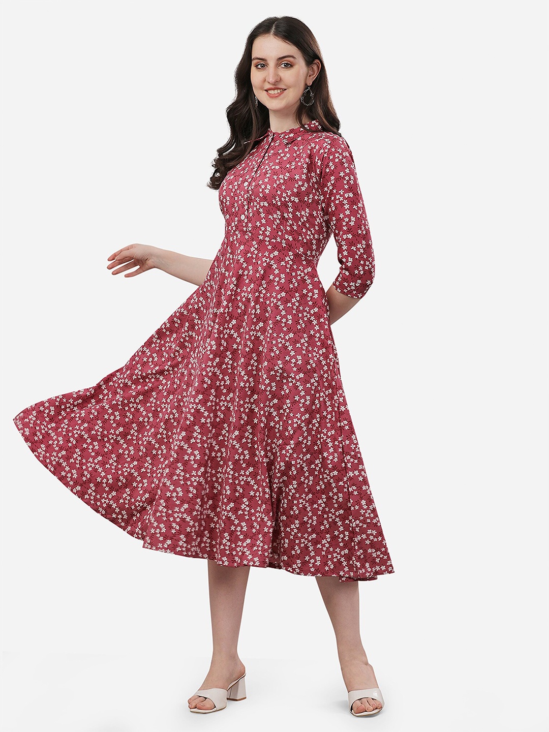

Fashion2wear Floral Printed Shirt Collar Cotton A-Line Midi Dress, Pink