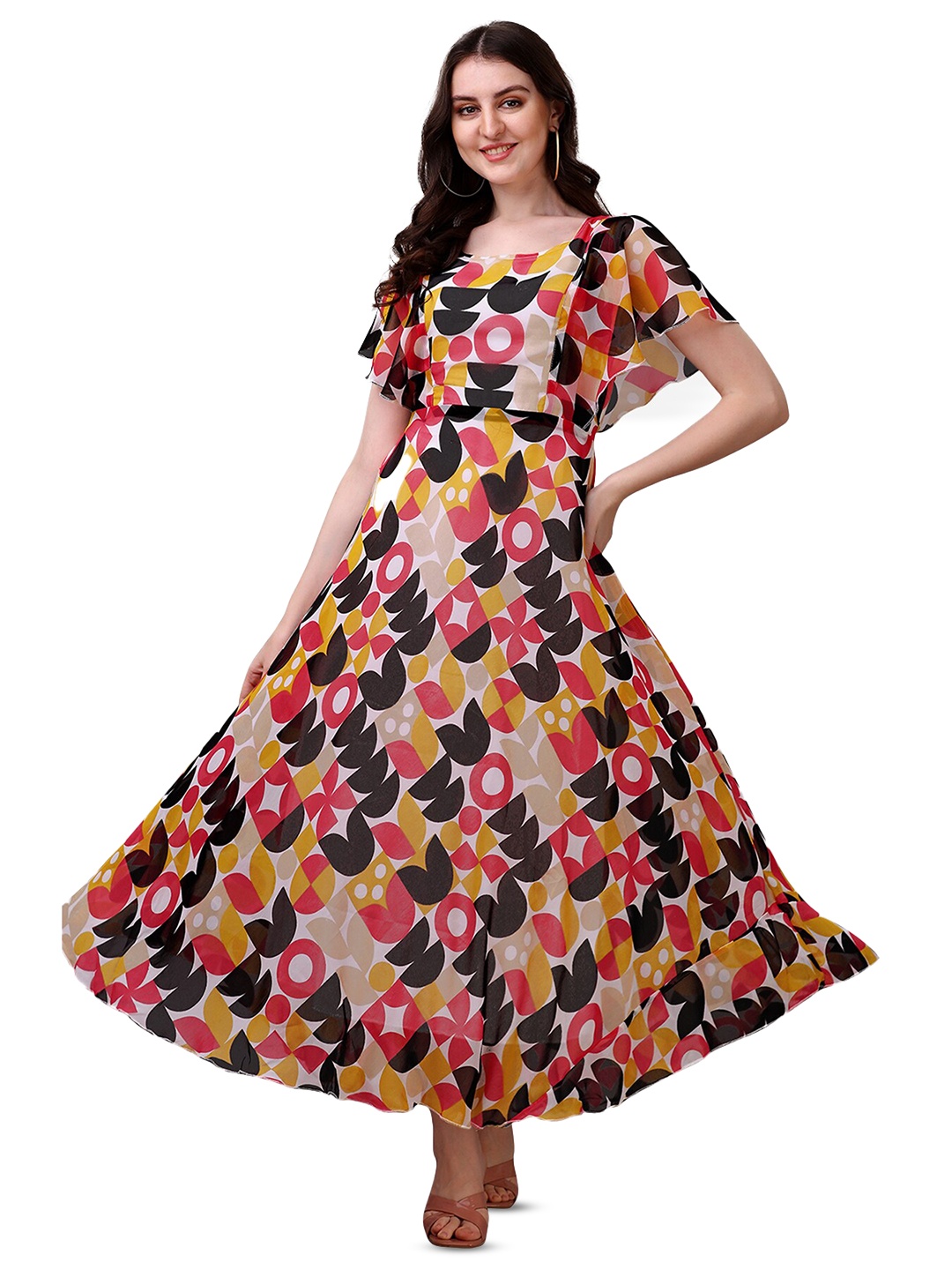 

Fashion2wear Geometric Printed Flared Sleeve Georgette Maxi Dress, Red