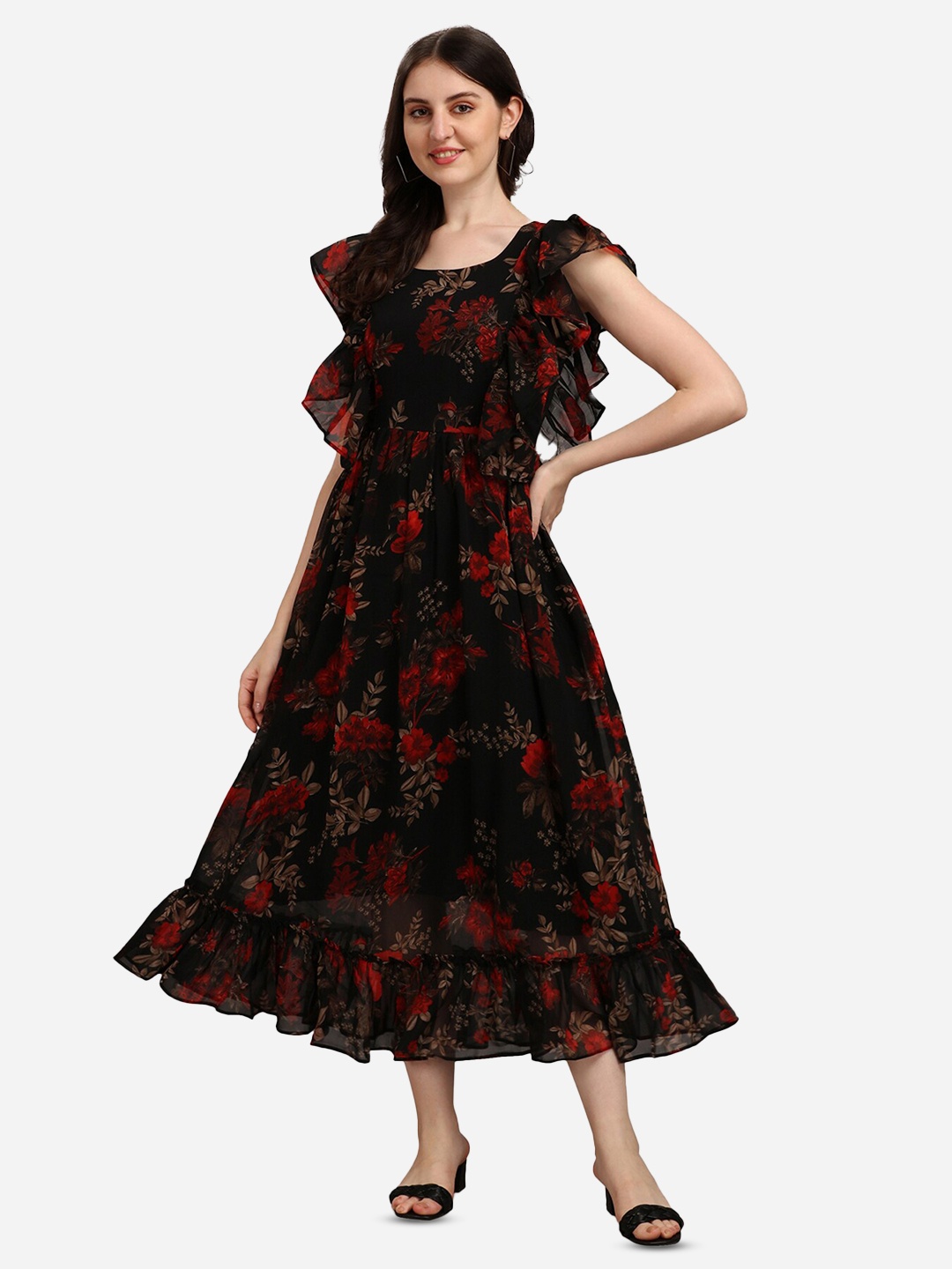 

Fashion2wear Floral Printed Flared Sleeves Georgette Fit & Flare Maxi Dress, Black