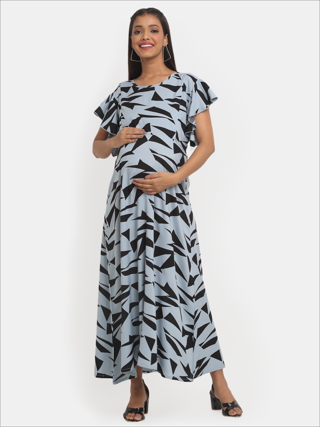 

Mylo Maternity Geometric Printed Flared Sleeves Maxi Dress, Grey