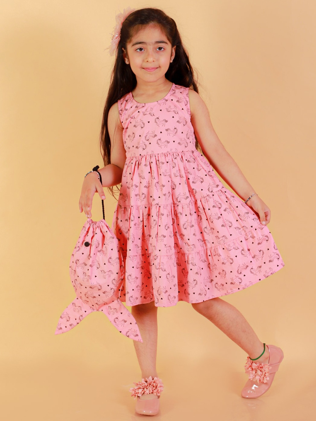 

BAESD Girls Pure Cotton Unicorn Printed Sleeveless Fit & Flare Dress With Fish Shaped Bag, Pink