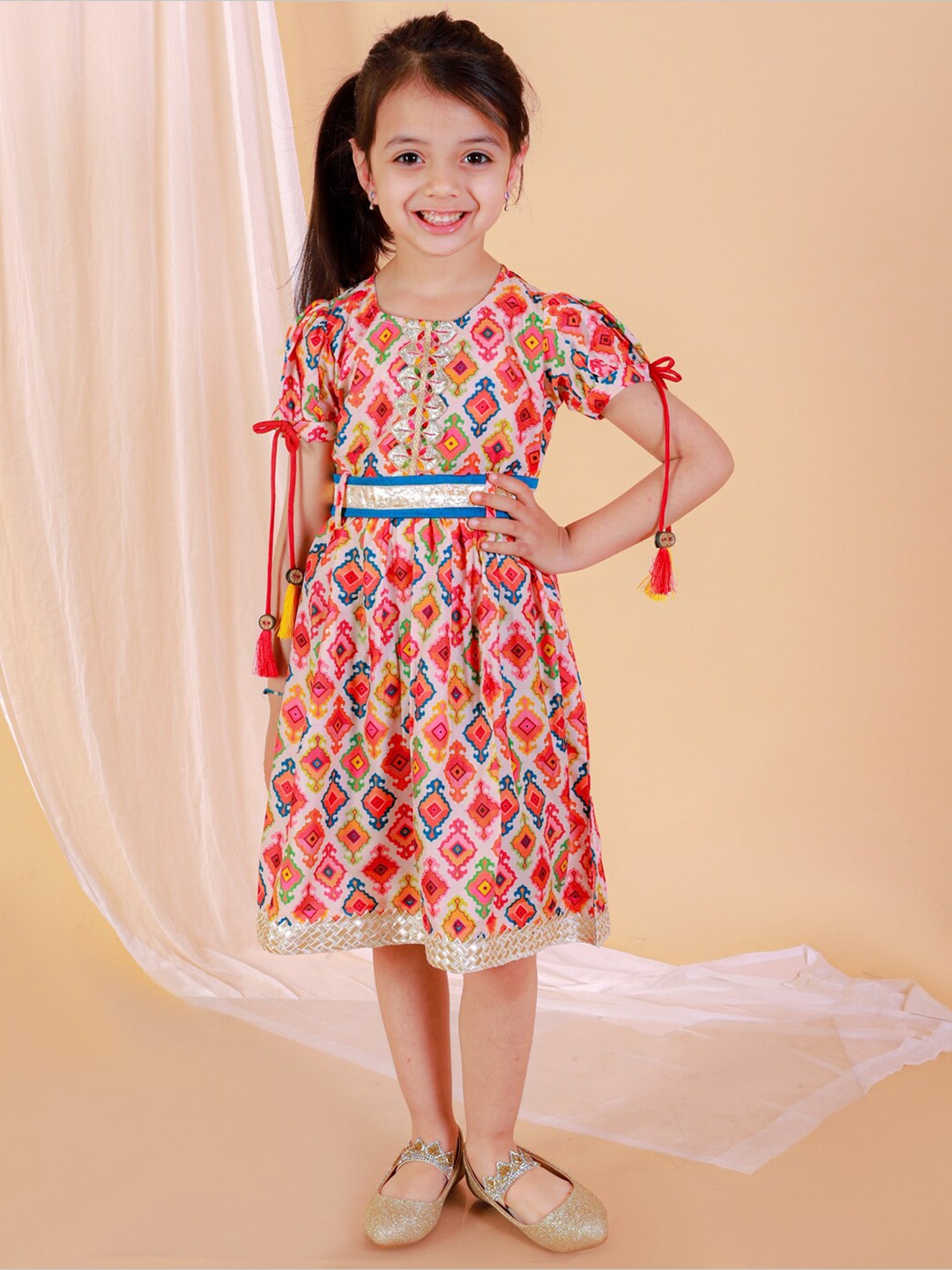 

BAESD Girls Ethnic Motifs Print Gotta Patti Embellished Belted Fit & Flare Ethnic Dress, Beige