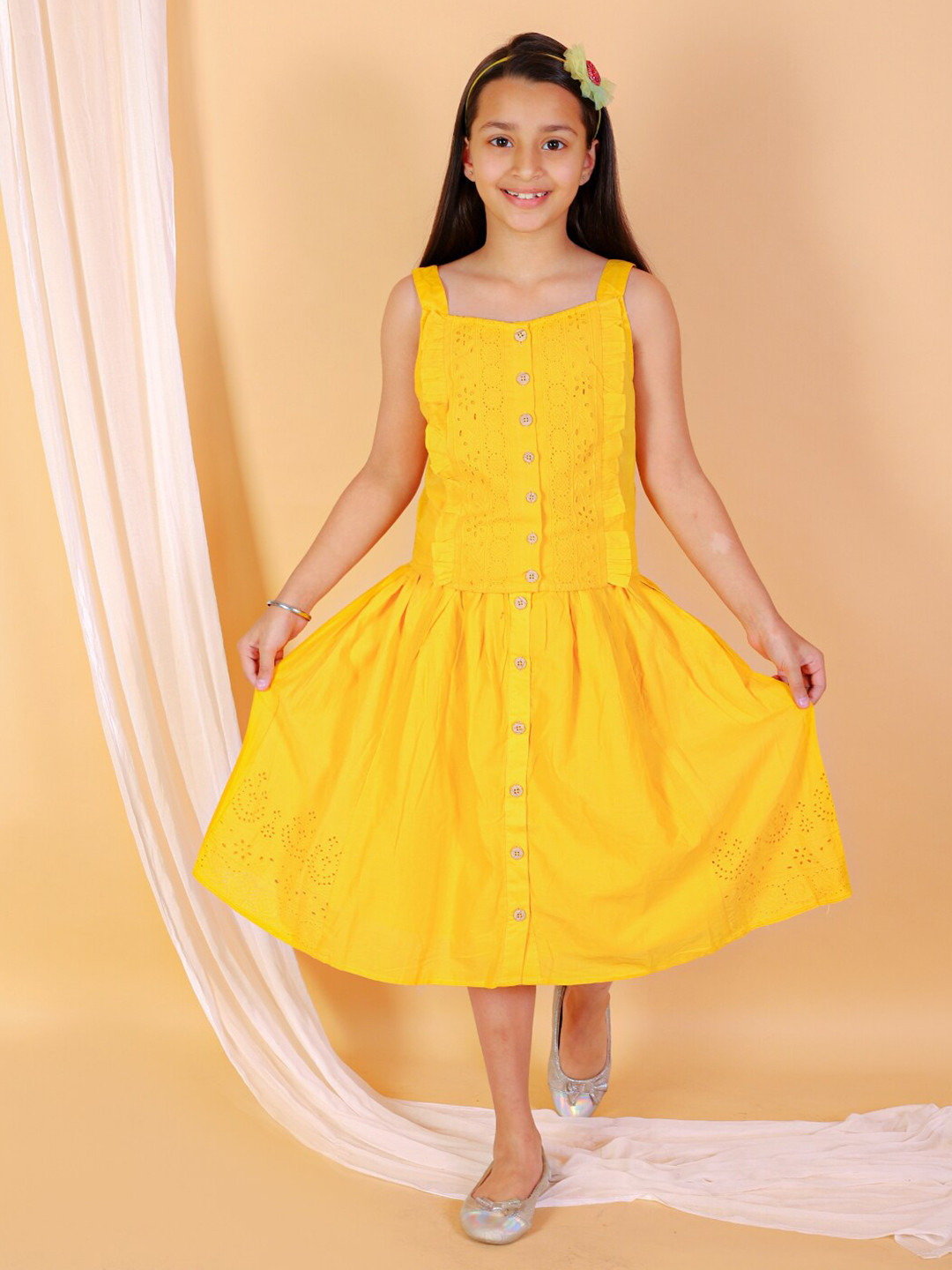 

BAESD Girls Solid Self Design Sleeveless Fit & Flare Midi Dress, Yellow