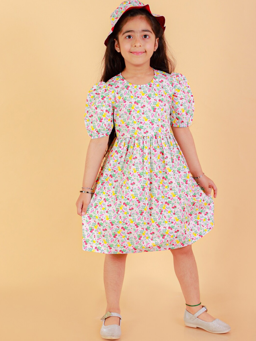 

BAESD Girls Floral Print Puff Sleeve Fit & Flare Dress, Off white