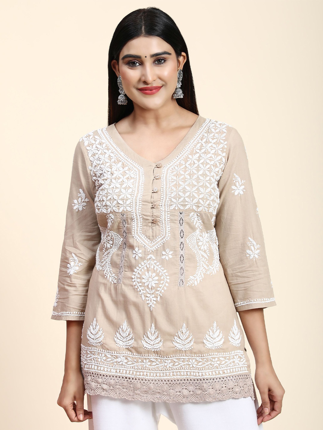 

HOUSE OF KARI Chikankari Embroidered Ethnic Cotton Tunic, Brown