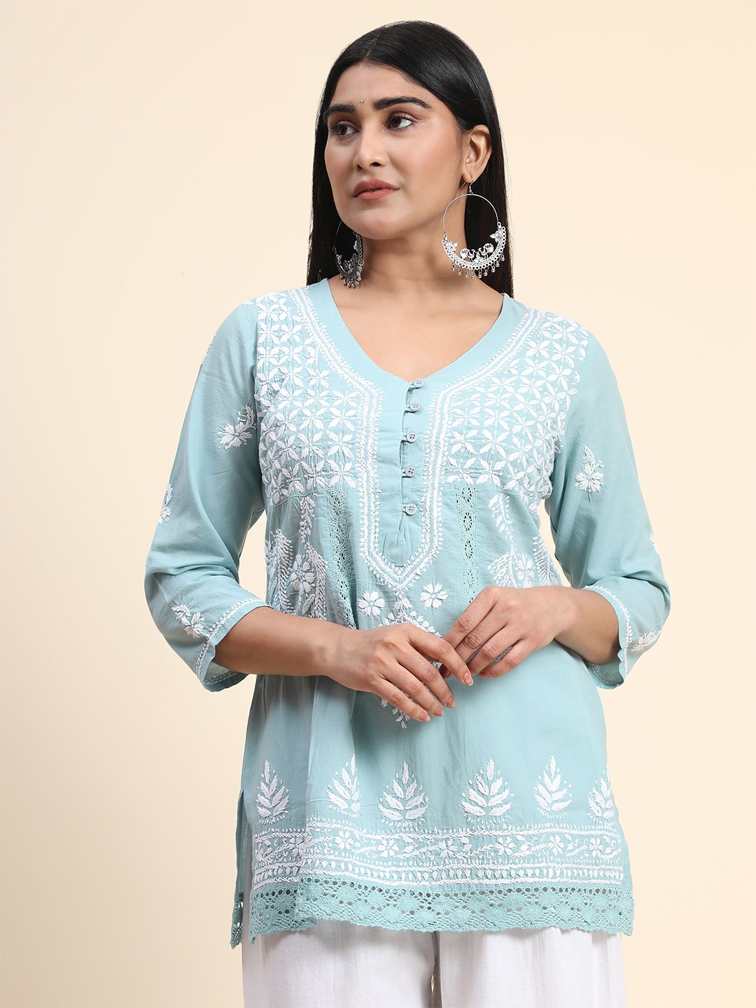 

HOUSE OF KARI Floral Chikankari Embroidered Cotton Tunic, Blue