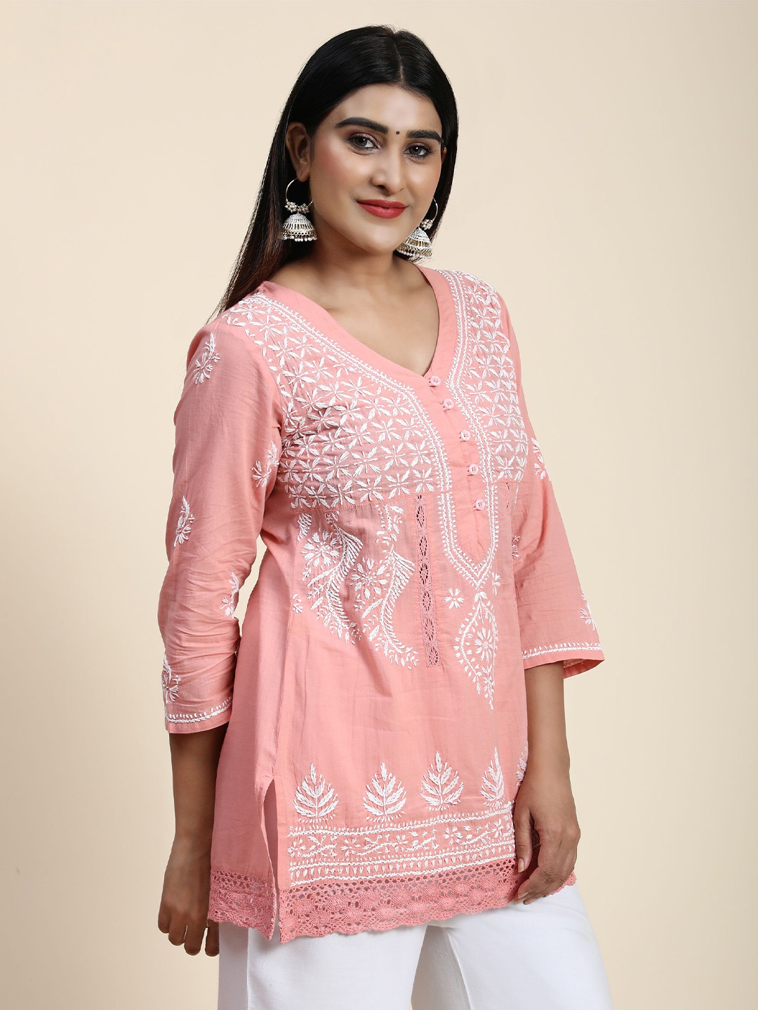 

HOUSE OF KARI Chikankari Embroidered Cotton Tunic Top, Pink