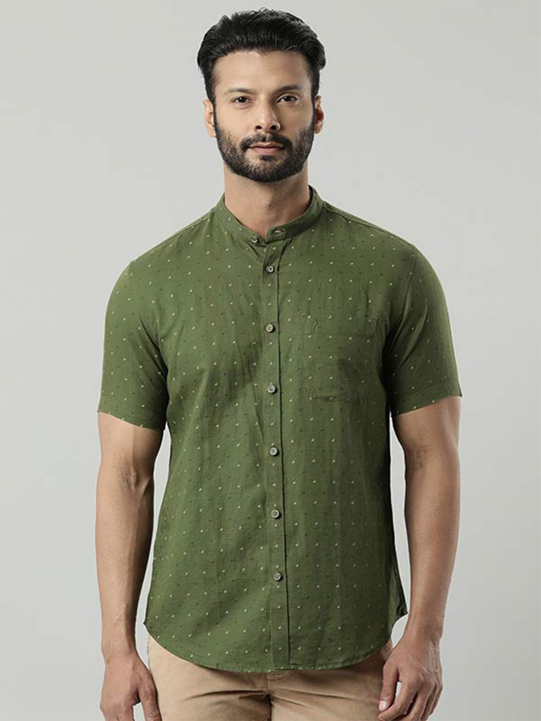 

Indian Terrain Micro Ditsy Printed India Slim Slim Fit Casual Linen Cotton Shirt, Green