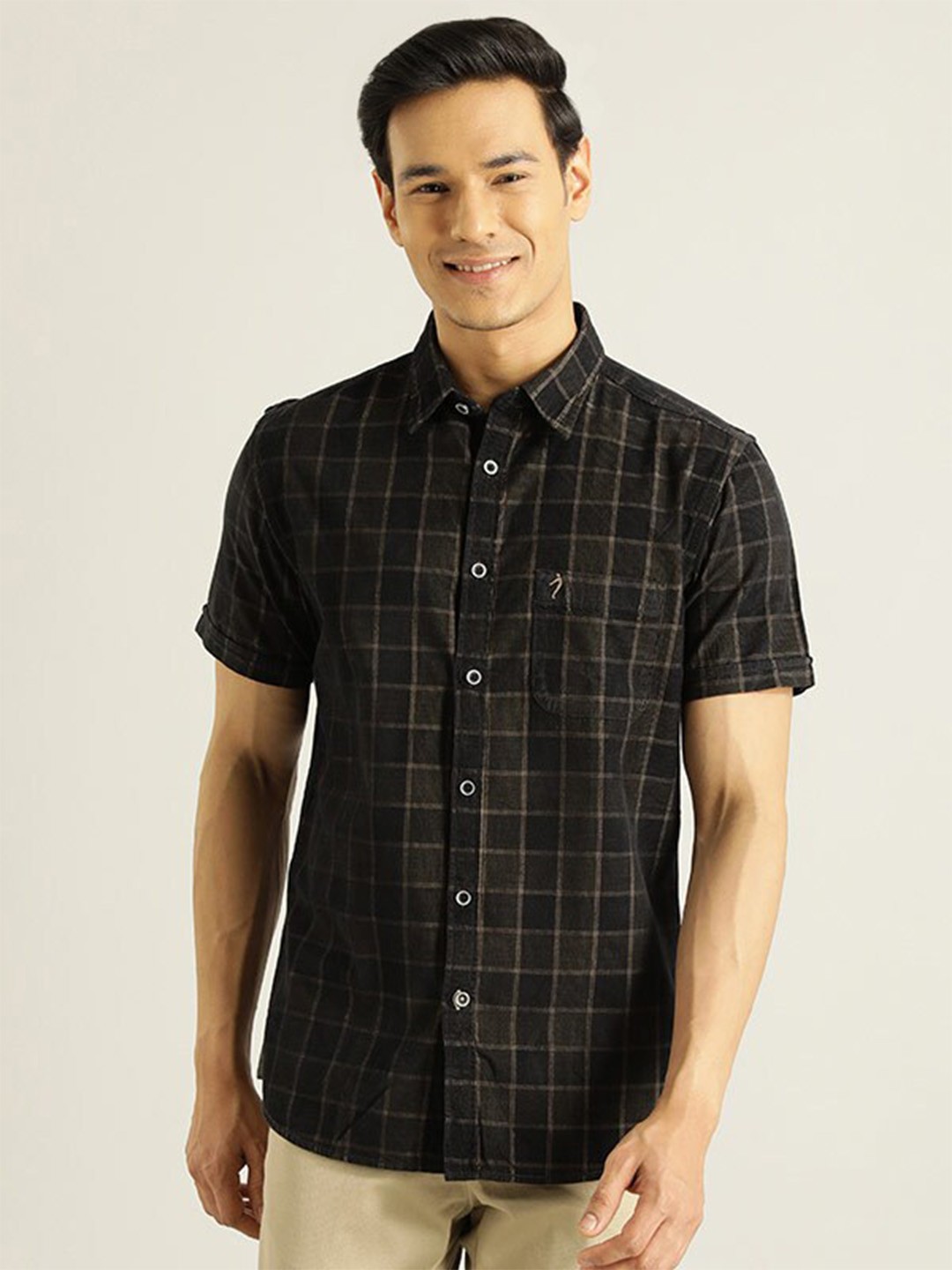 

Indian Terrain Tartan Checked Chiseled Slim Fit Casual Pure Cotton Shirt, Black