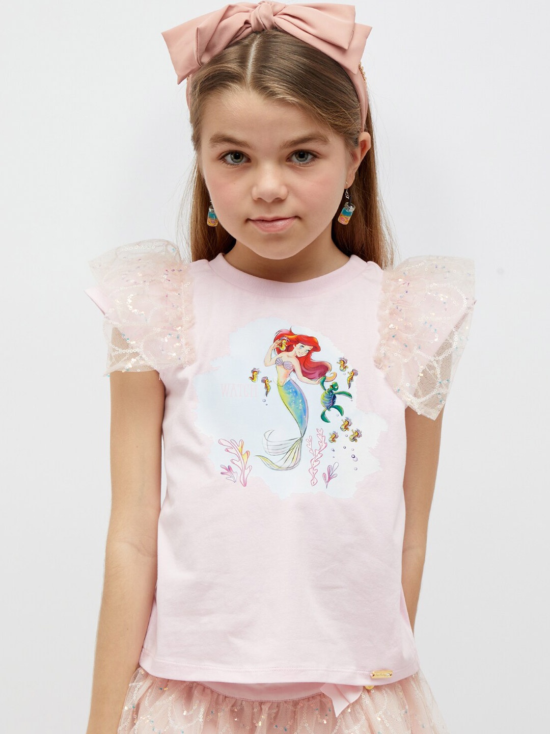 

One Friday Graphic Printed Ruffle Cotton Top, Pink