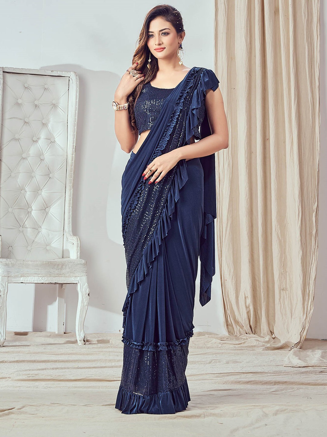 

all about you Sequinned Ready to Wear Saree, Navy blue