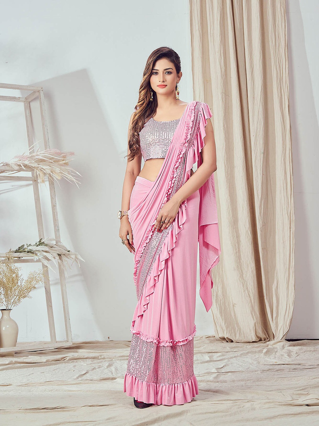 

all about you Sequinned Ready to Wear Saree, Pink