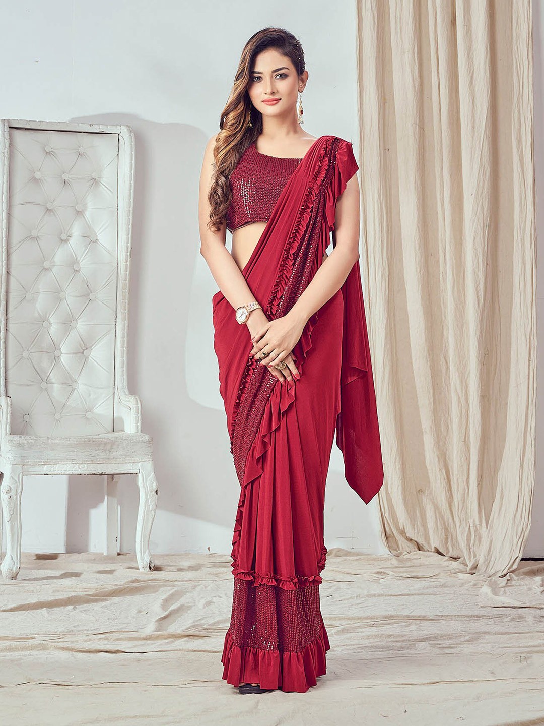 

all about you Sequinned Ready to Wear Saree, Red