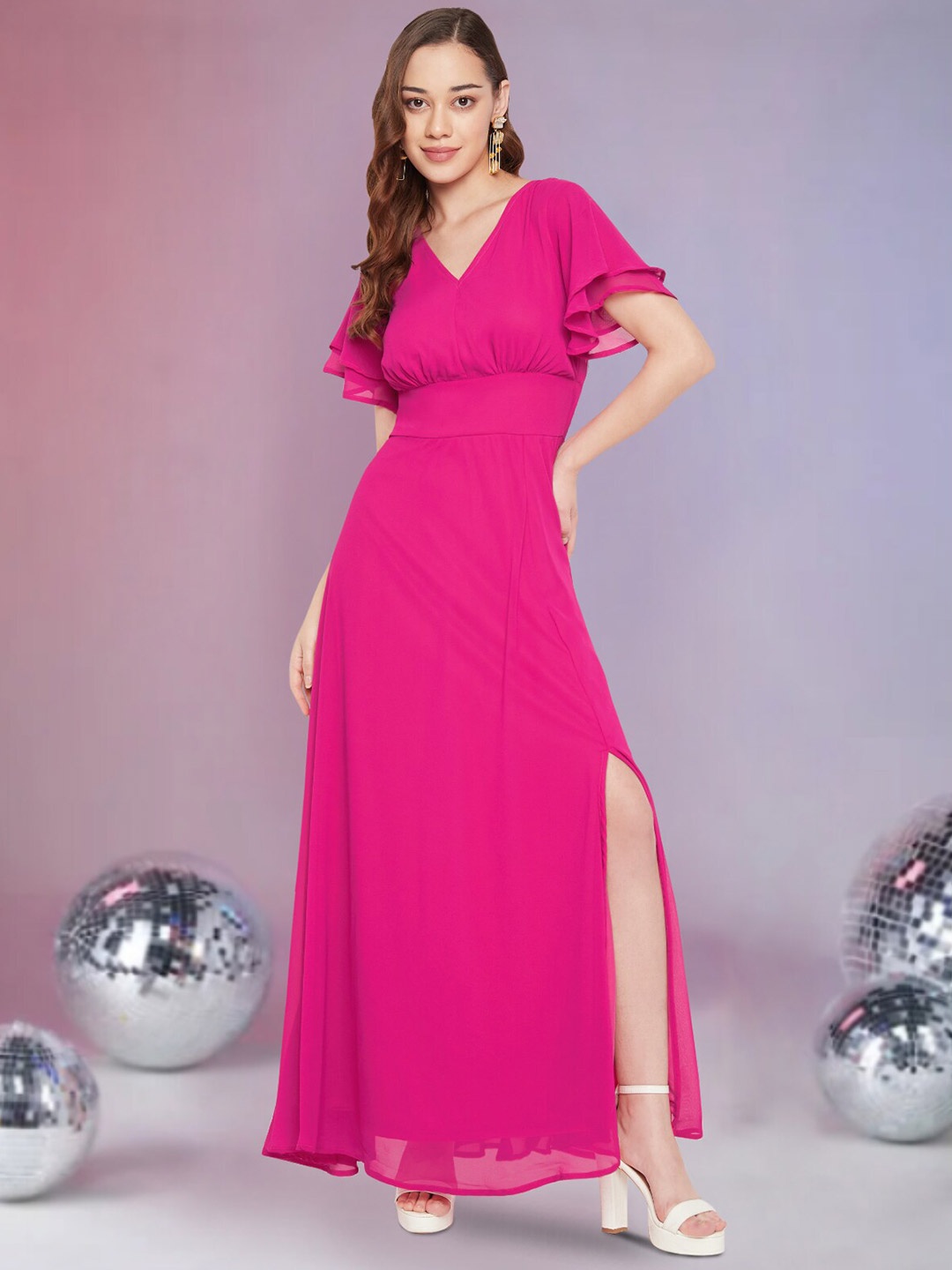 

Martini Tie-Up Detail Flutter Sleeve Georgette Maxi Dress, Fuchsia