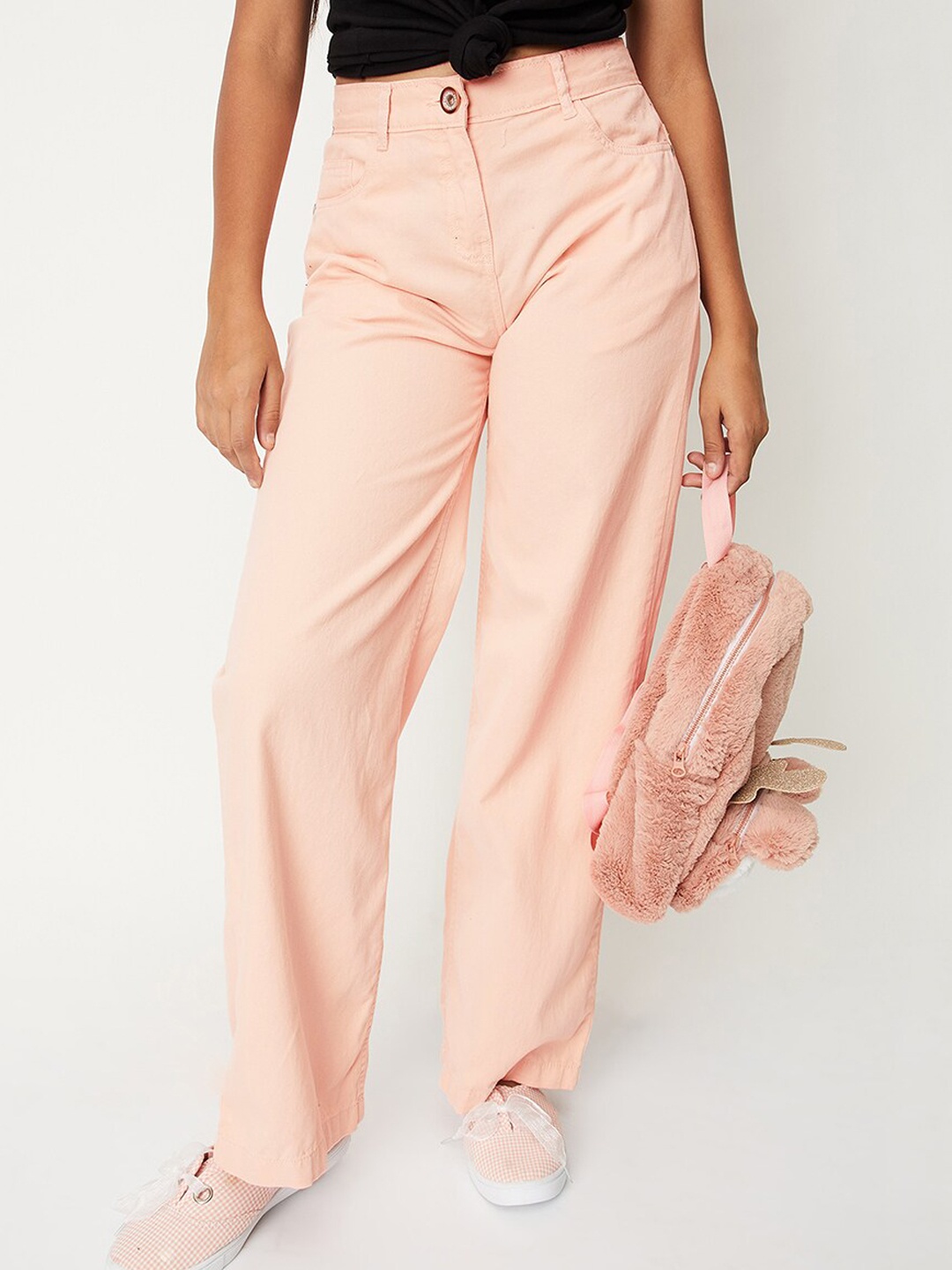 

max Girls Mid Rise Plain Pure Cotton Trousers, Peach
