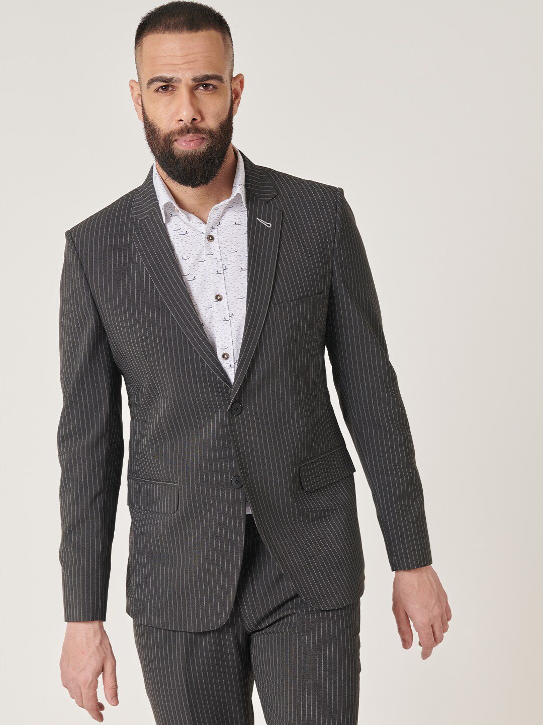 

MR BUTTON Striped Slim-Fit Single Breasted Blazer, Black