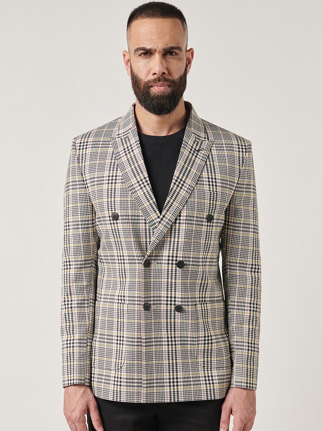 

MR BUTTON Checked Slim-Fit Peaked Lapel Collar Double Breasted Blazer, Beige