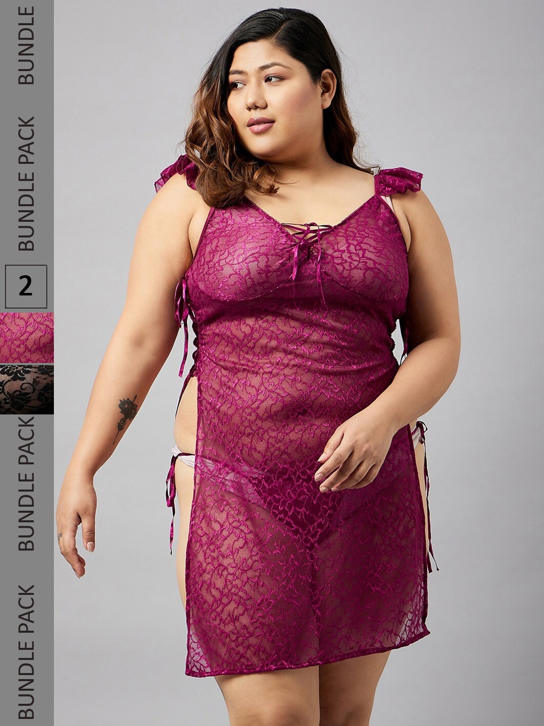 

Curves By ZeroKaata Plus Size Assorted Pack of 2 Self Design Baby Doll
