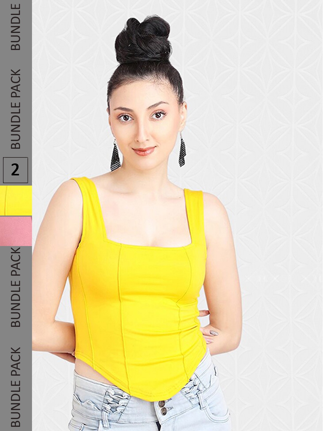 

Designer Bugs Pack Of 2 Square Neck Sleeveless Fitted Crop Tops, Peach