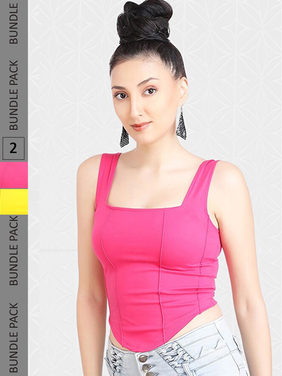 

Designer Bugs Pack Of 2 Square Neck Sleeveless Fitted Crop Tops, Pink