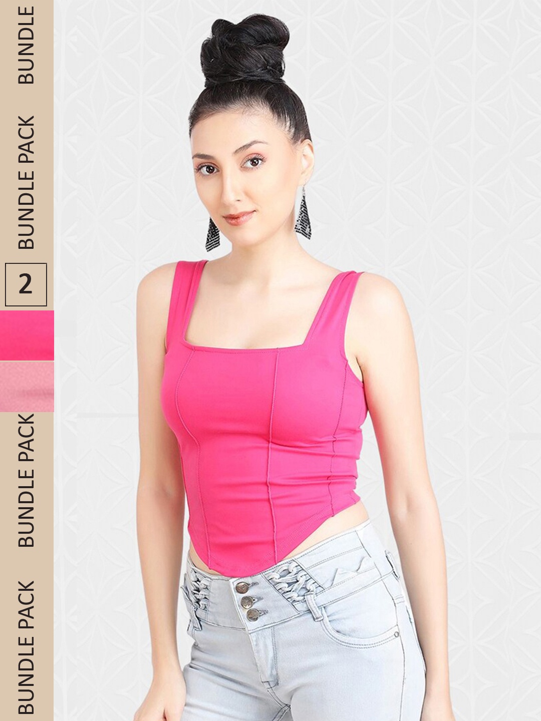 

Designer Bugs Pack Of 2 Square Neck Sleeveless Crop Corset Tops, Pink