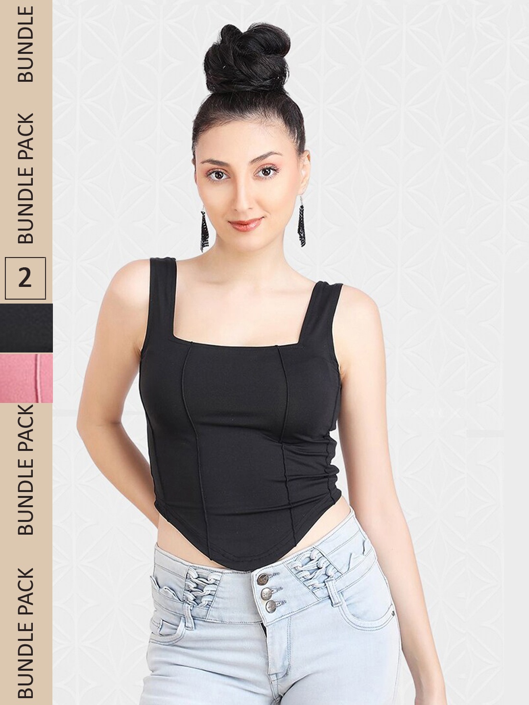 

Designer Bugs Pack Of 2 Square Neck Sleeveless Fitted Crop Tops, Mauve