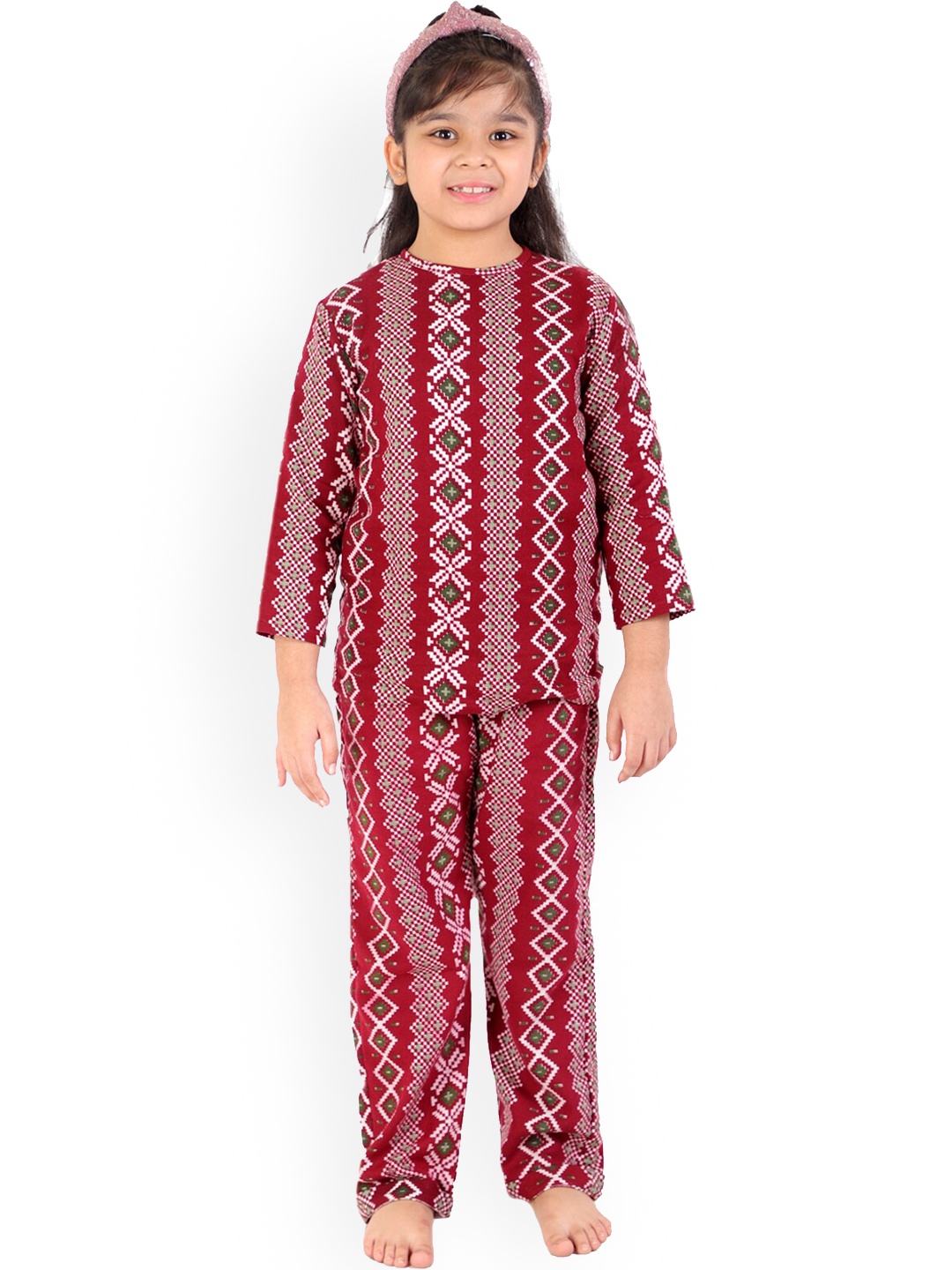 

BAESD Girls Ethnic Motifs Printed Fleece Night Suit, Red