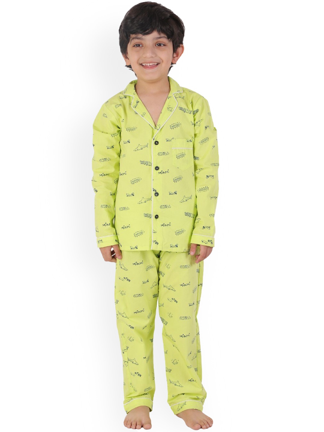 

BAESD Kids Lapel Collar Printed Pure Cotton Shirt With Pyjamas, Green