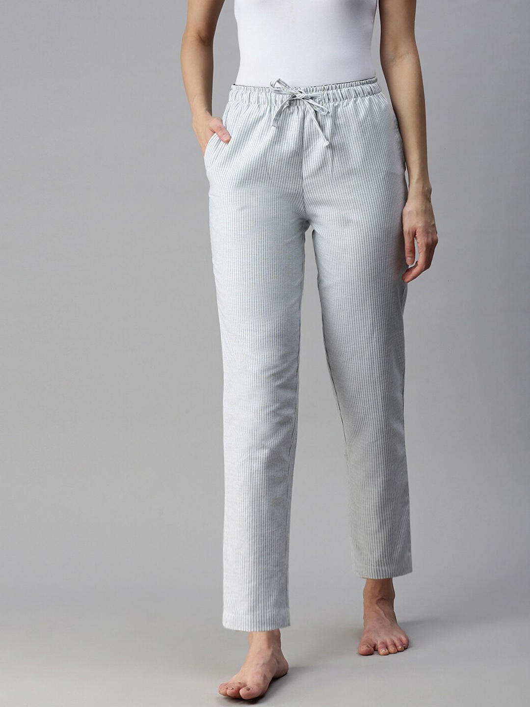 

Bareblow Women Mid-Rise Striped Lounge Pants, White