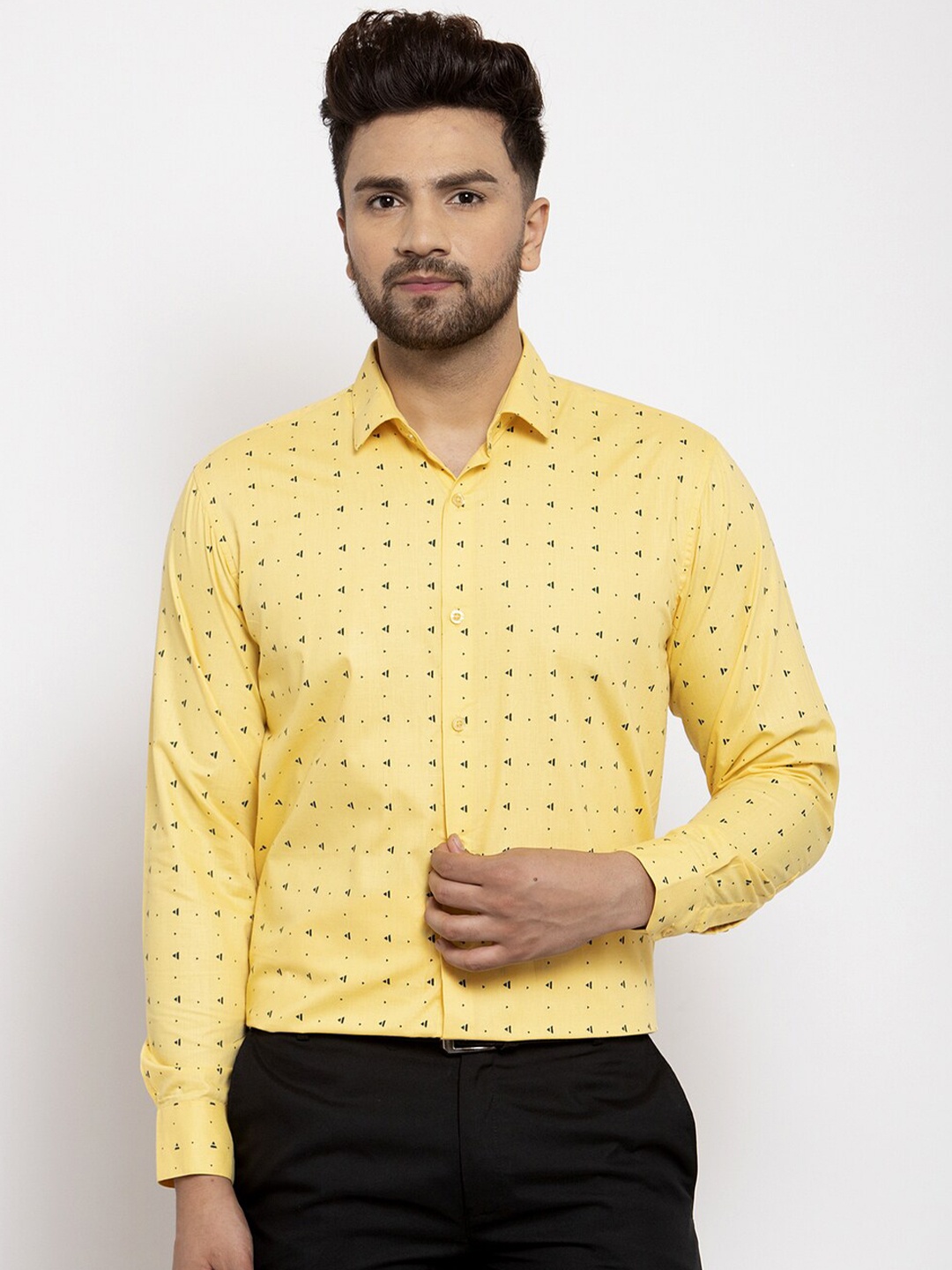 

JAINISH Spread Collar Classic Fit Geometric Printed Pure Cotton Formal Shirt, Yellow