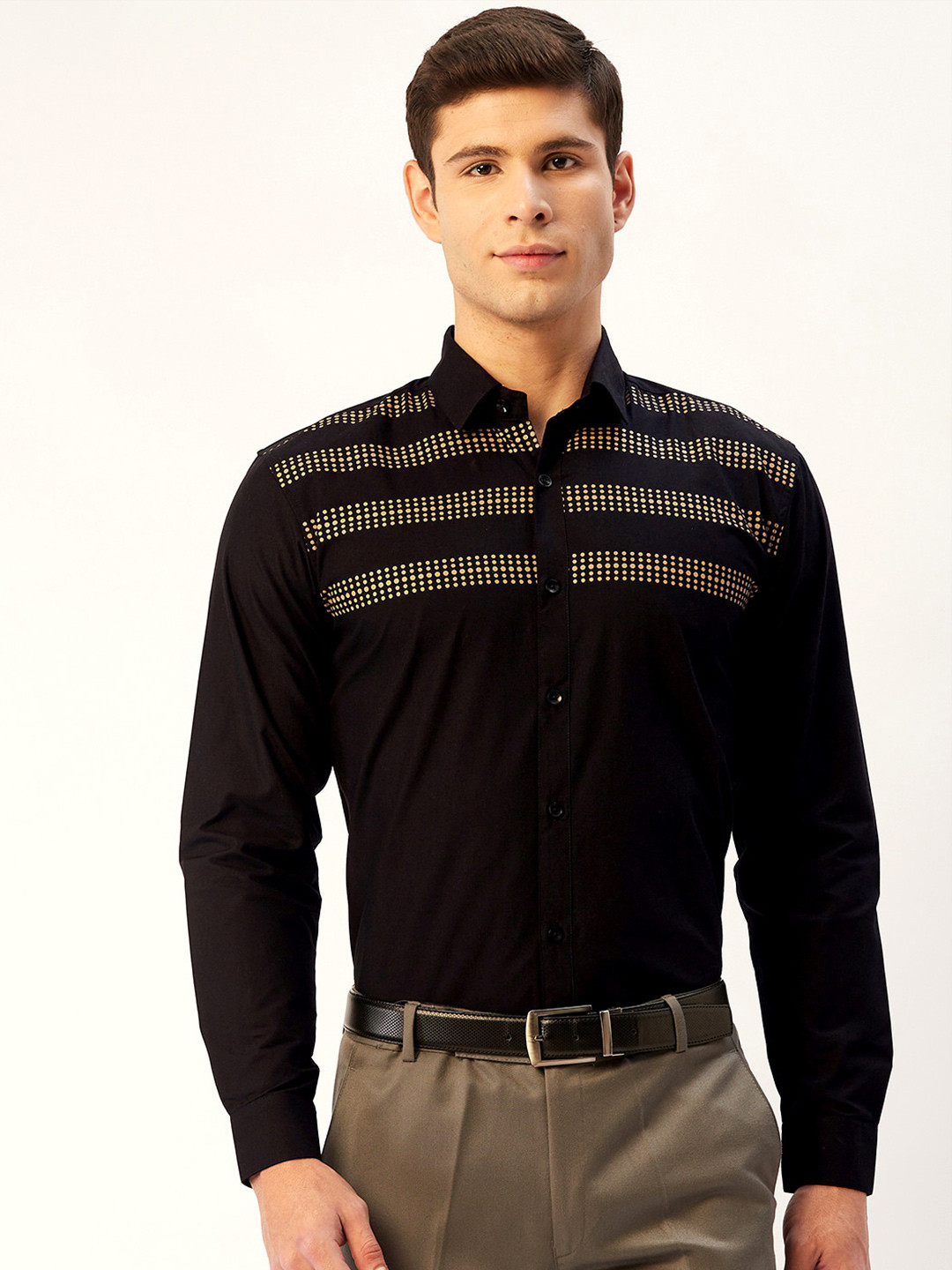 

JAINISH Classic Horizontal Striped Pure Cotton Formal Shirt, Black