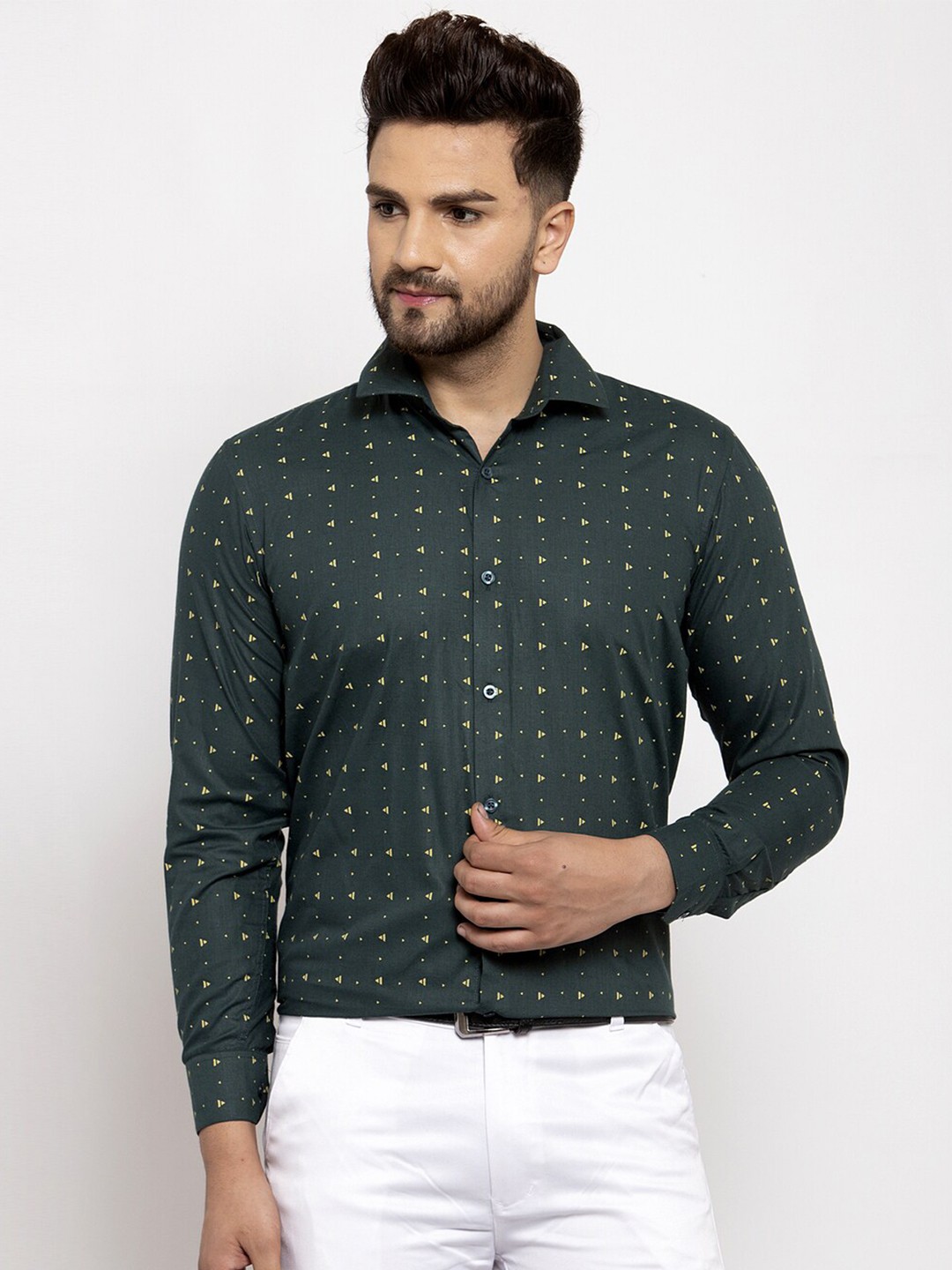 

JAINISH Spread Collar Classic Fit Geometric Printed Pure Cotton Formal Shirt, Green