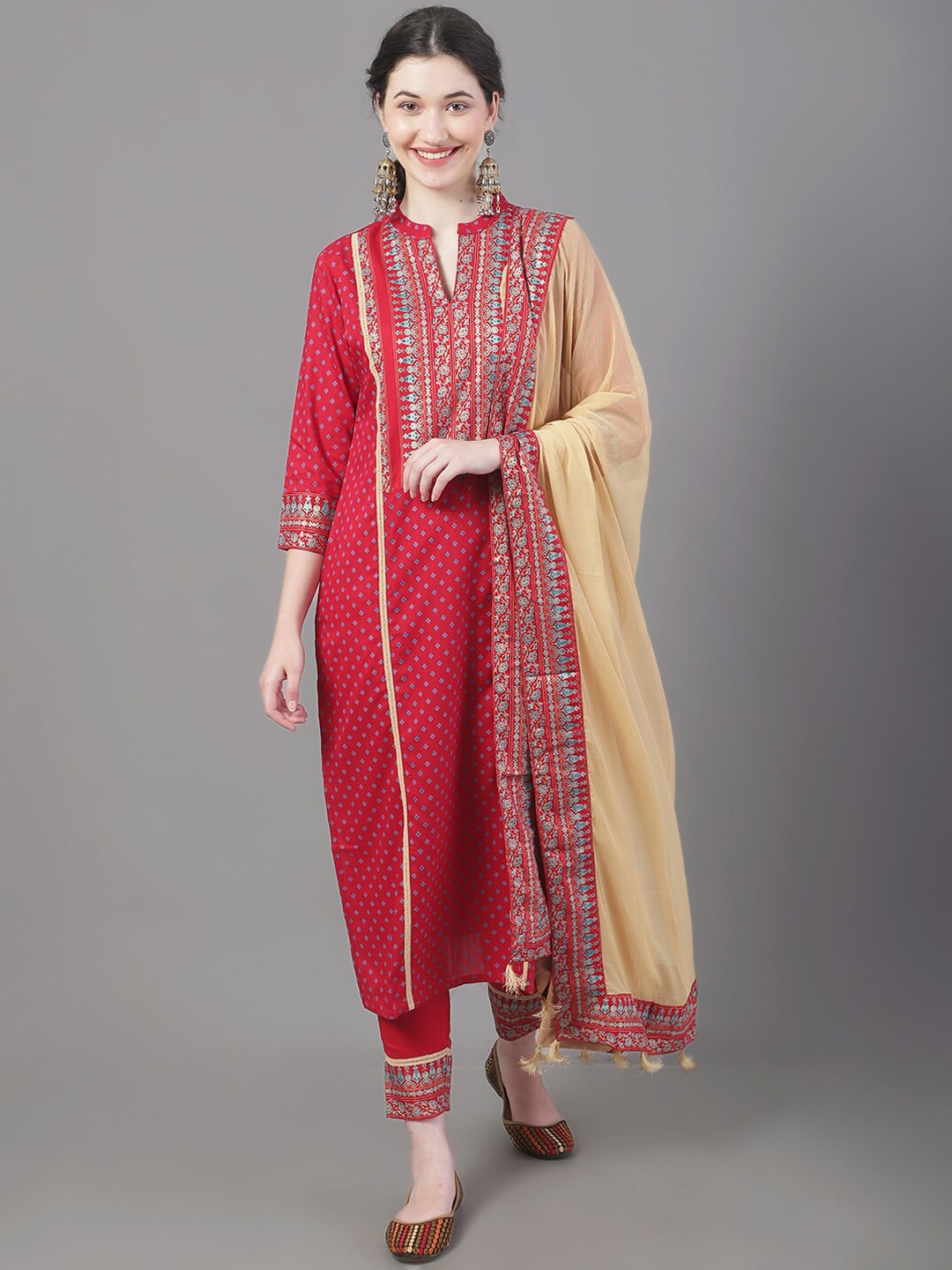 

Tulsattva Ethnic Motifs Printed Straight Kurta with Trousers & Dupatta, Red