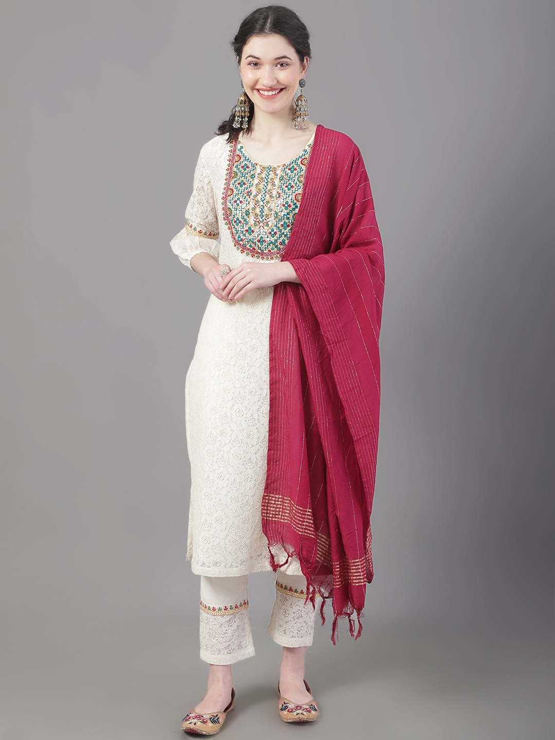 

Tulsattva Ethnic Motifs Yoke Design Thread Work Pure Cotton Kurta With Trousers & Dupatta, Off white