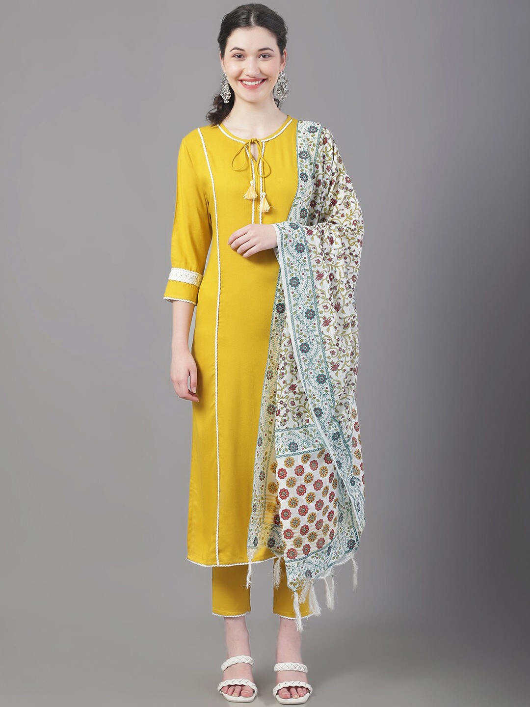 

Tulsattva Panelled Kurta with Trousers & With Dupatta, Mustard