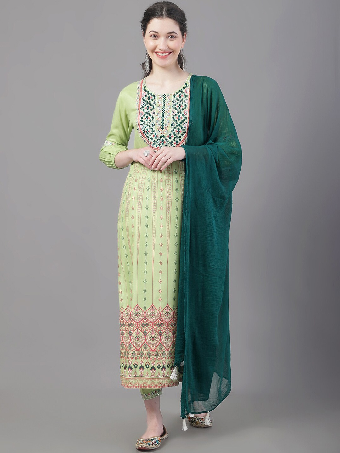 

Tulsattva Floral Printed Embroidered Straight Kurta With Trousers & Dupatta, Green