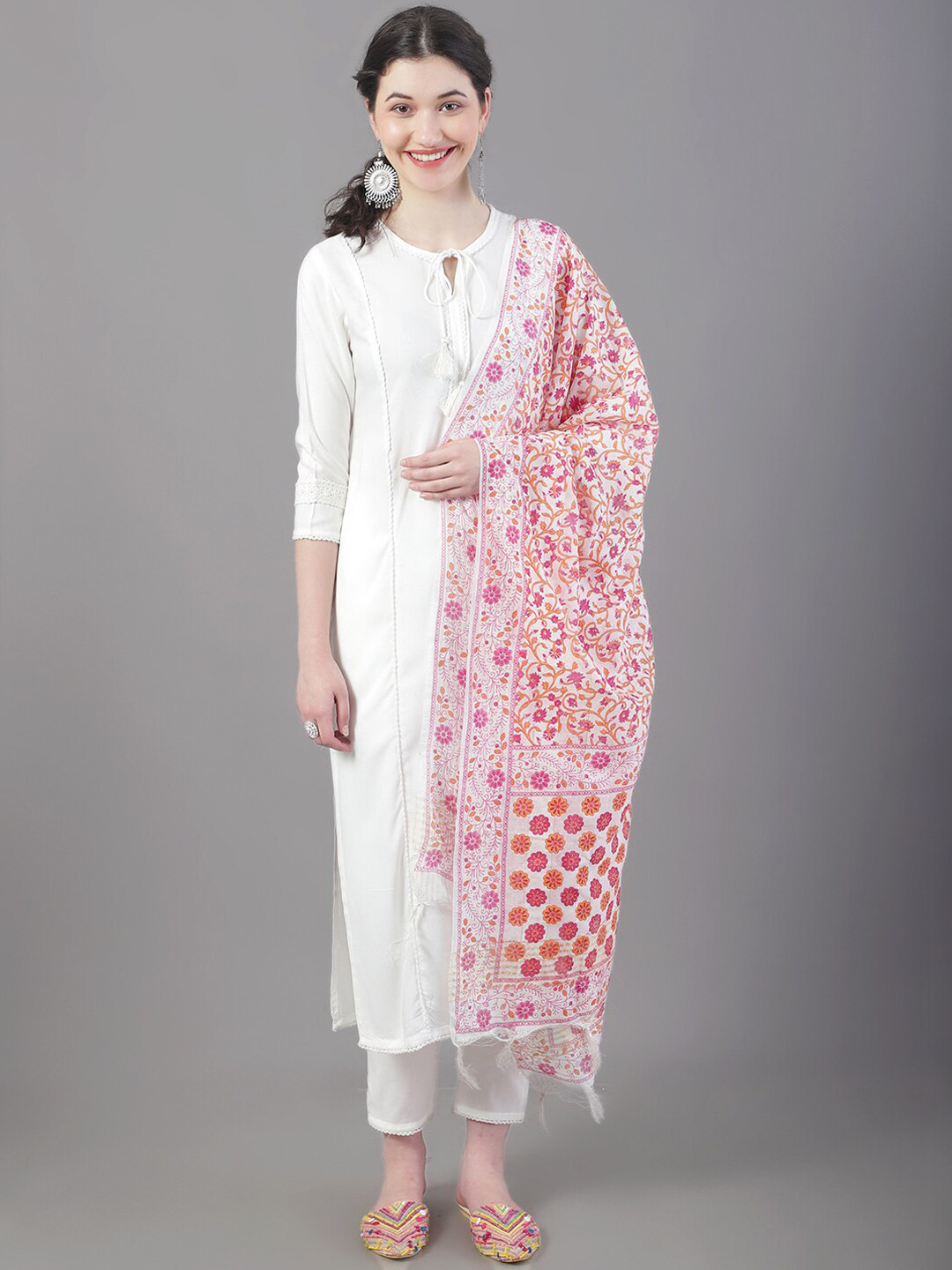 

Tulsattva Panelled Kurta With Trousers & Dupatta, White