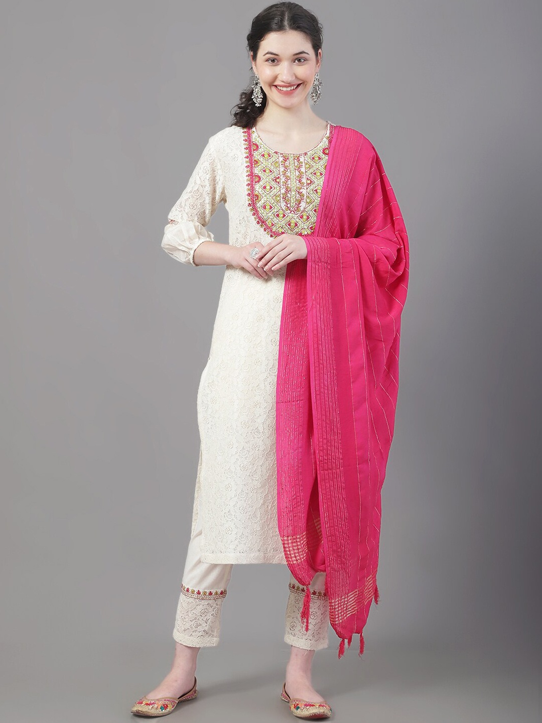 

Tulsattva Embroidered Pure Cotton Kurta with Trousers & Dupatta, Beige