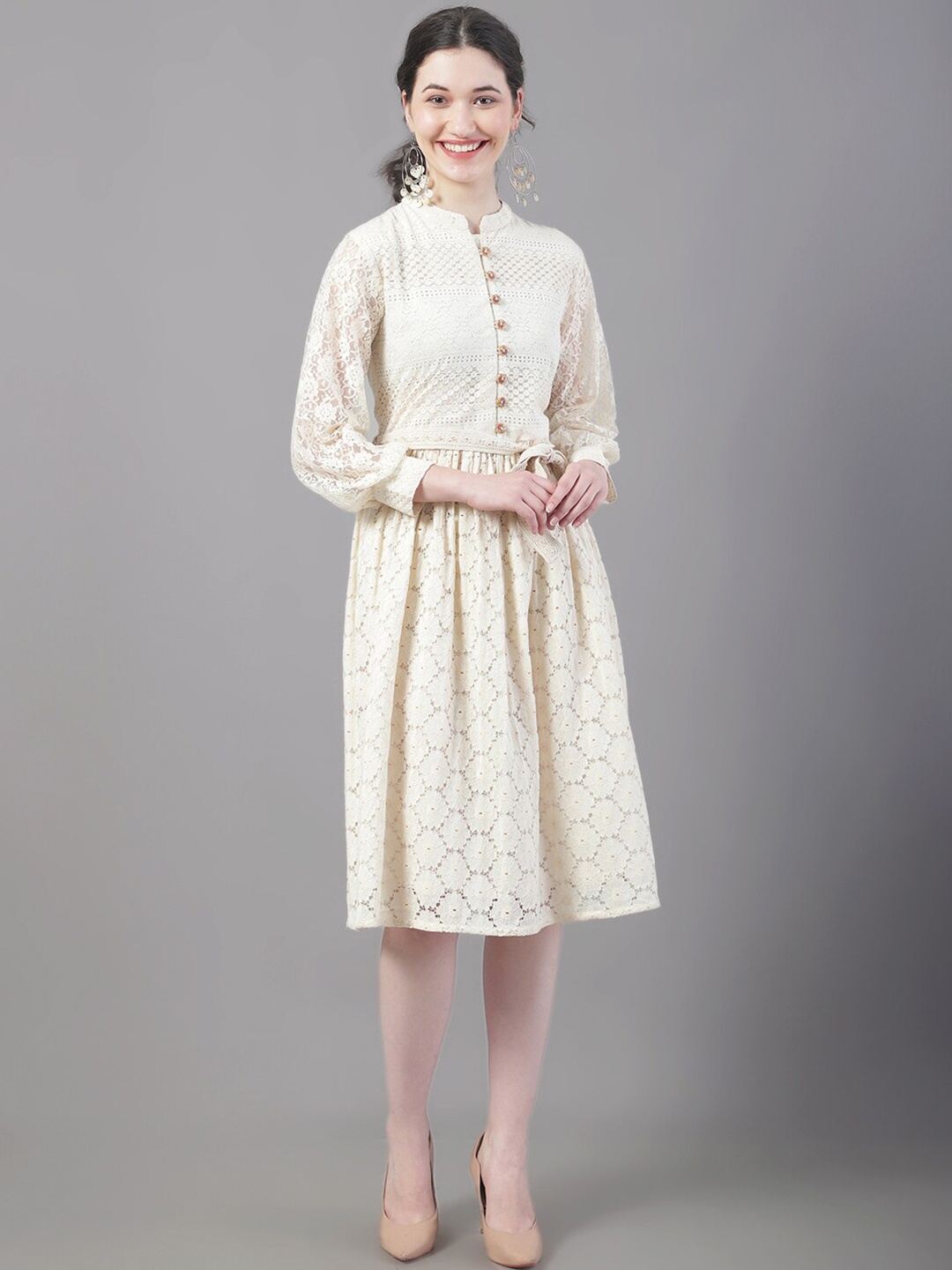 

Tulsattva Self Design Cotton Schiffli Fit & Flare Dress, Beige