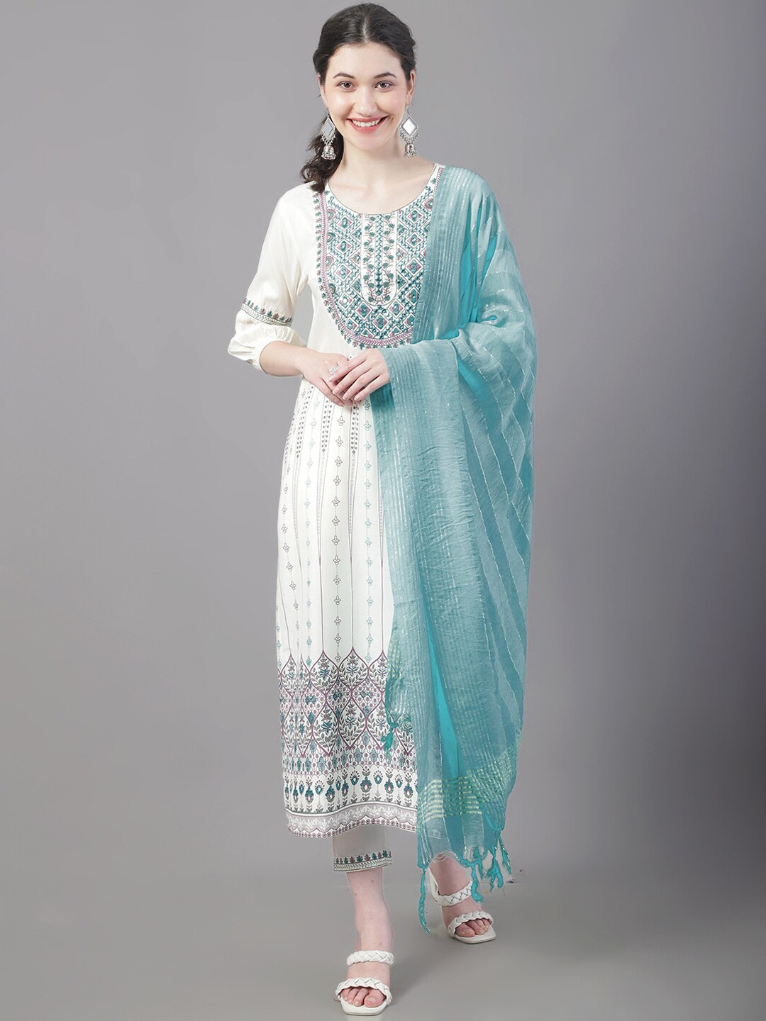 

Tulsattva Ethnic Motifs Printed Thread Work Kurta with Trousers & With Dupatta, Cream